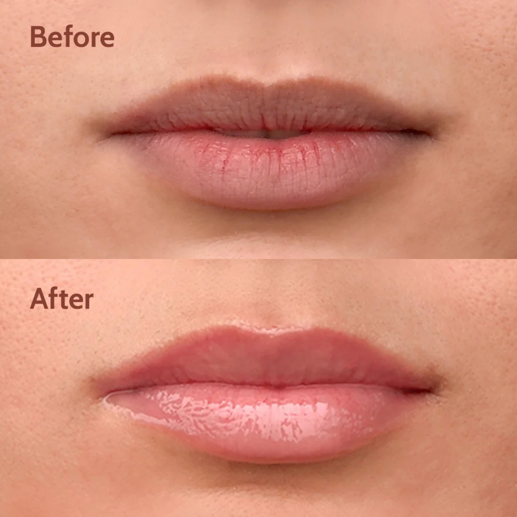 Before and after comparison of lips with lazy lizard lip balm applied.