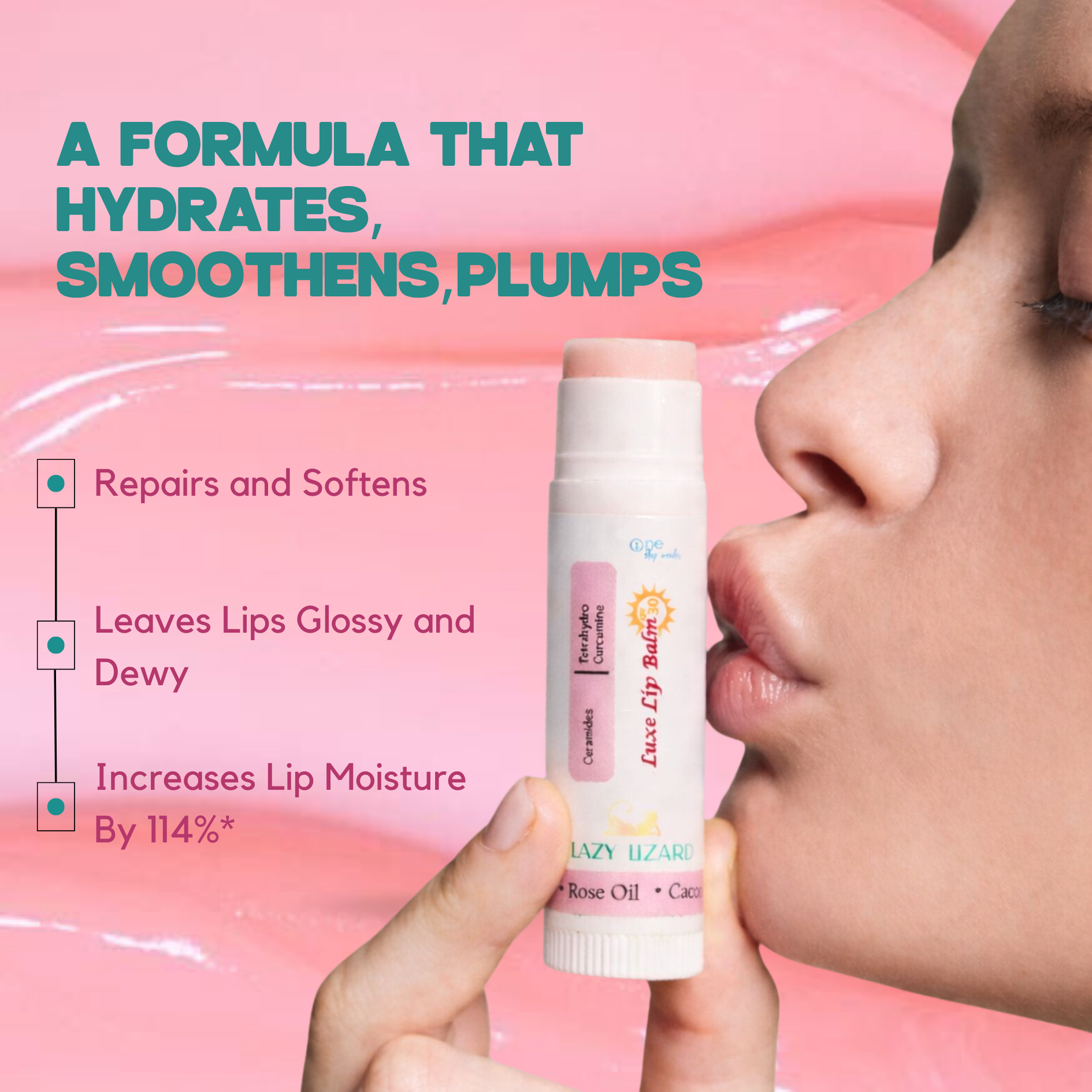 Lazy lizard Lip balm with  benefits on a pink background