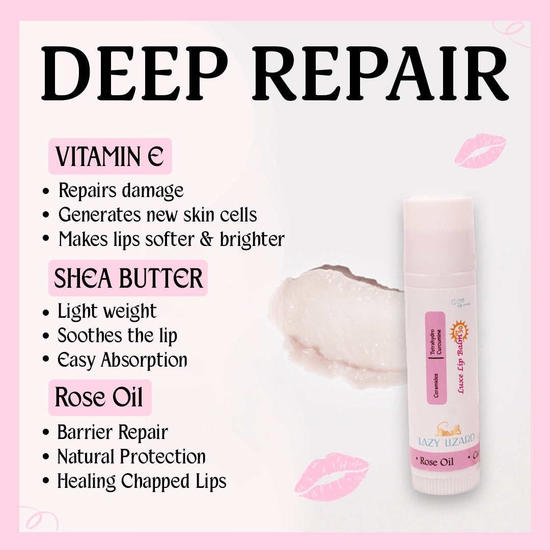 lazy lizard Lip balm with ingredients listed on a pink background
